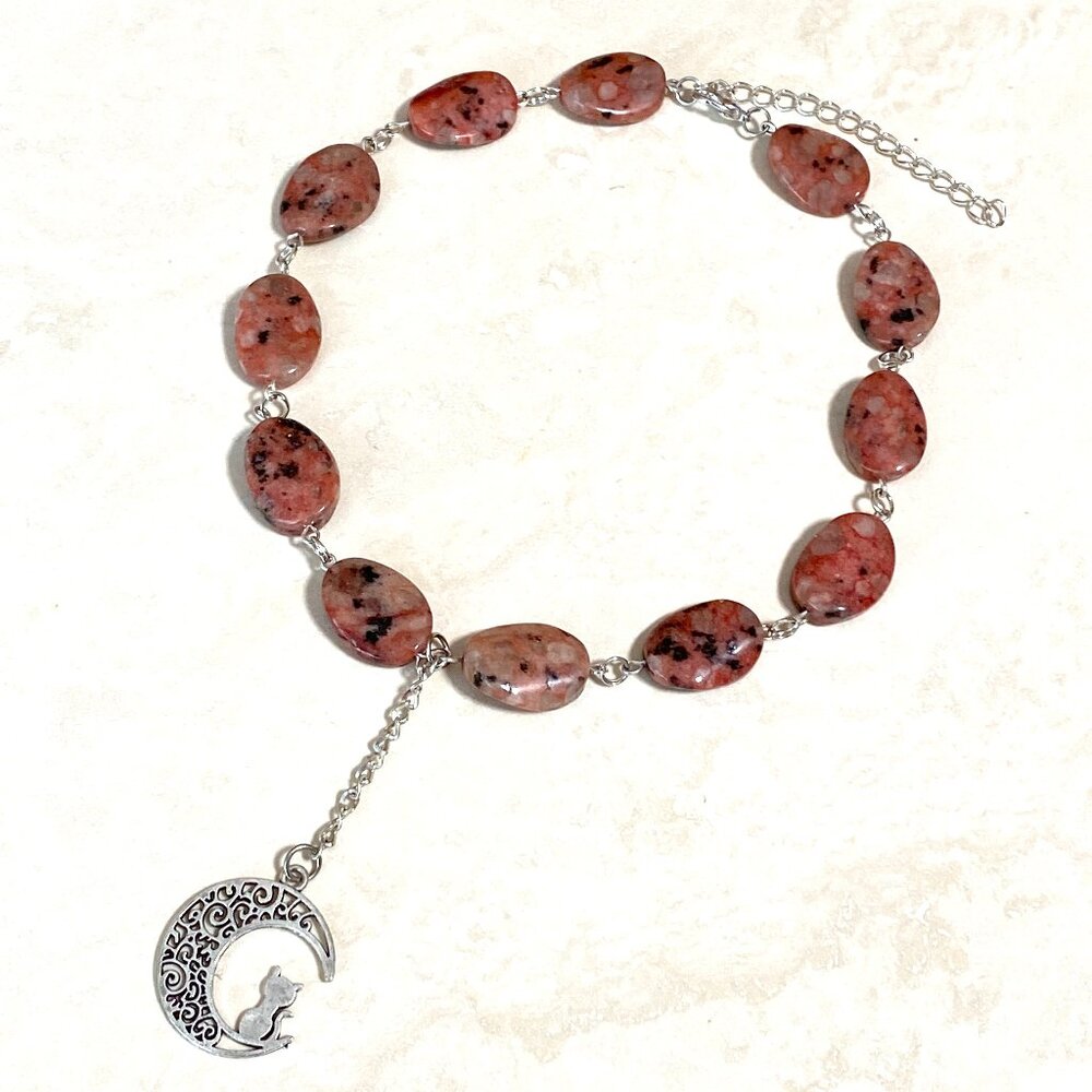Genuine Black Pink Rhodonite Short Lariat Necklace, Gemstone & Cat on the Moon